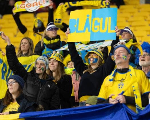 Wellington, New Zealand, 27 July 2023: Swedish fans, with Blagul sign, bring colour and atmosphere to Wellington s stadium. Sweden vs Italy. FIFA World Cup, WM, Weltmeisterschaft, Fussball Group G. Wellington. New Zealand. (Joe Serci SPP)  Copyright: xJoexSercix xSPPx spp-en-JoSeSp-SPP - Joe Serci - Sweden vs italy-6