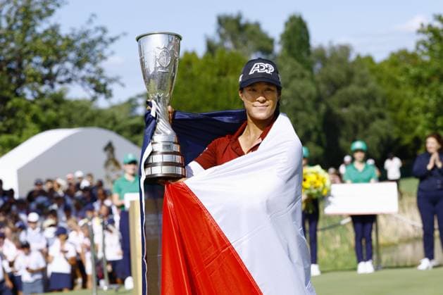 Golf: Evian Championship Celine Boutier of France celebrates with the victor s trophy after winning the Evian Championship golf tournament at Evian Resort Golf Club in Evian-les-Bains, France, on July 30, 2023.  A14AA0001727986P  