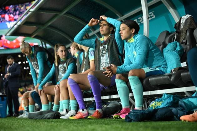 WWC23 CANADA AUSTRALIA, Sam Kerr of Australia starts on the bench during the FIFA Women s World Cup 2023 soccer match between Canada and Australia at Melbourne Rectangular Stadium in Melbourne, Monday, July 31, 2023. ( NO ARCHIVING, EDITORIAL USE ONLY, NO USE IN BOOKS WITHOUT CONSENT MELBOURNE VICTORIA AUSTRALIA  Copyright: xJAMESxROSSx 20230731001826332823