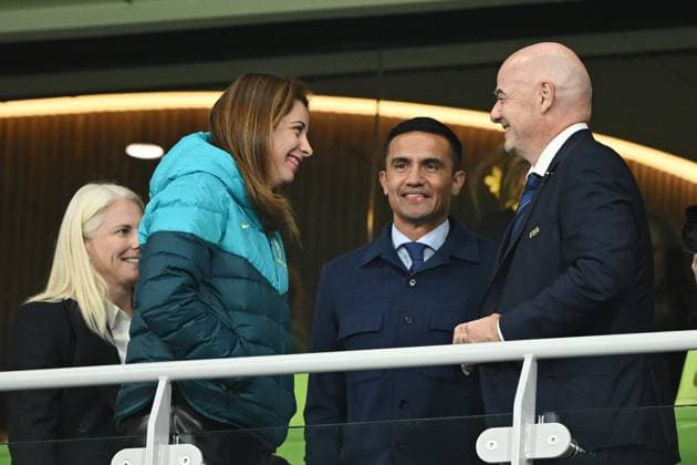 WWC23 CANADA AUSTRALIA, FIFA President Gianni Infantino (right) with former Socceroo Tim Cahill (centre) and Federal Minister for Anika Wells (left) during the FIFA Women s World Cup 2023 soccer match between Canada and Australia at Melbourne Rectangular Stadium in Melbourne, Monday, July 31, 2023. ( NO ARCHIVING, EDITORIAL USE ONLY, NO USE IN BOOKS WITHOUT CONSENT MELBOURNE VICTORIA AUSTRALIA  Copyright: xJOELxCARRETTx 20230731001826334130