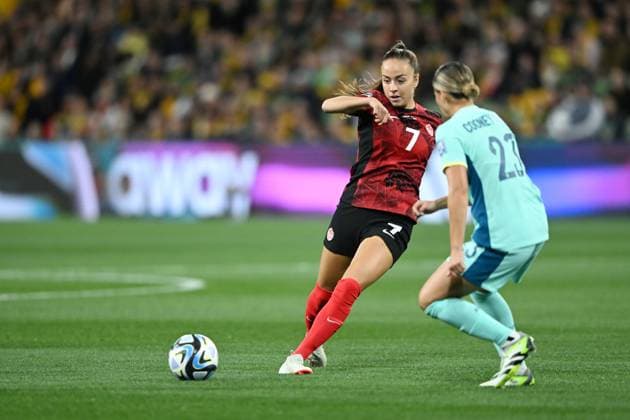 WWC23 CANADA AUSTRALIA, Julia Grosso of Canada and Kyra Cooney-Cross of Australia during the FIFA Women s World Cup 2023 soccer match between Canada and Australia at Melbourne Rectangular Stadium in Melbourne, Monday, July 31, 2023. ( NO ARCHIVING, EDITORIAL USE ONLY, NO USE IN BOOKS WITHOUT CONSENT MELBOURNE VICTORIA AUSTRALIA  Copyright: xJAMESxROSSx 20230731001826338831