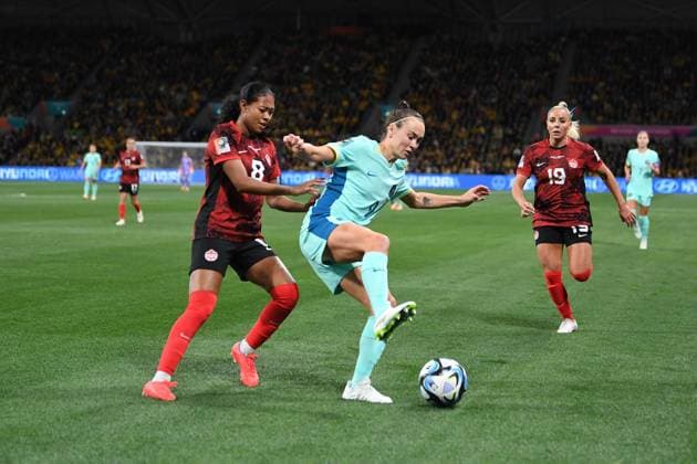 Mandatory Credit: Photo by Morgan Hancock Shutterstock (14028970as) Jayde Riviere of Canada, Caitlin Foord of Australia and Katrina Adriana Leon of Canada Canada Women v Australia Women, FIFA Women s World Cup, Group B, International Football, Melbourne Rectangular Stadium, Perth, Australia - 31 July 2023 Canada Women v Australia Women, FIFA Women s World Cup, Group B, International Football, Melbourne Rectangular Stadium, Perth, Australia - 31 July 2023 Copyright: xMorganxHancock Shutterstockx 14028970as