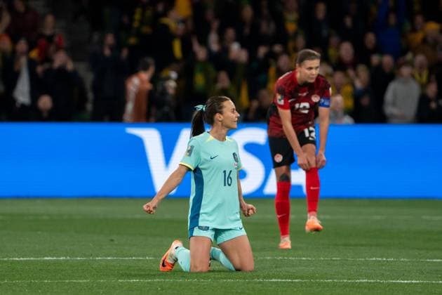 Melbourne, Australia, July 31st 2023: Hayley Raso (16 Australia) celebrates scoring her team?s first goal during the 2023 FIFA Womens World Cup Group B football match between Canada and Australia at Melbourne Rectangular Stadium (AAMI Park) in Melbourne, Australia. (Noe Llamas SPP) Copyright: xNoexLlamasx xSPPx spp-en-NoLlSp-20230731-NLB01882