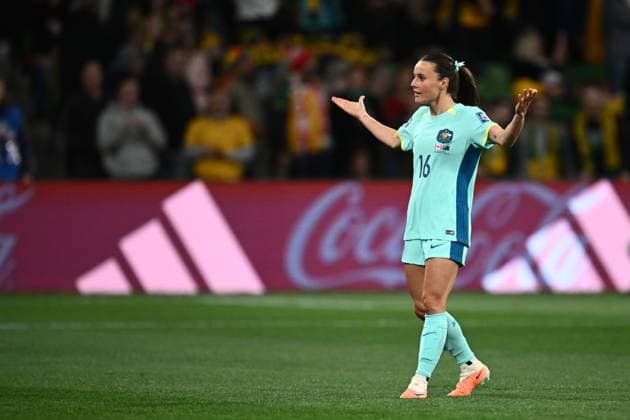 WWC23 CANADA AUSTRALIA, Hayley Raso of Australia reacts before being awarded her opening goal during the FIFA Women s World Cup 2023 soccer match between Canada and Australia at Melbourne Rectangular Stadium in Melbourne, Monday, July 31, 2023. ( NO ARCHIVING, EDITORIAL USE ONLY, NO USE IN BOOKS WITHOUT CONSENT MELBOURNE VICTORIA AUSTRALIA  Copyright: xJOELxCARRETTx 20230731001826347143