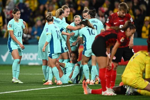 WWC23 CANADA AUSTRALIA, Australia celebrates Mary Fowler?s goal during the FIFA Women s World Cup 2023 soccer match between Canada and Australia at Melbourne Rectangular Stadium in Melbourne, Monday, July 31, 2023. ( NO ARCHIVING, EDITORIAL USE ONLY, NO USE IN BOOKS WITHOUT CONSENT MELBOURNE VICTORIA AUSTRALIA  Copyright: xJOELxCARRETTx 20230731001826356370