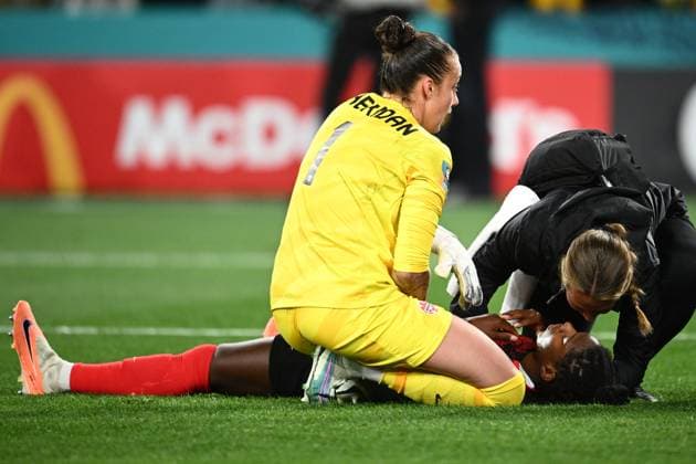 WWC23 CANADA AUSTRALIA, An injured Kadeisha Buchanan of Canada during the FIFA Women s World Cup 2023 soccer match between Canada and Australia at Melbourne Rectangular Stadium in Melbourne, Monday, July 31, 2023. ( NO ARCHIVING, EDITORIAL USE ONLY, NO USE IN BOOKS WITHOUT CONSENT MELBOURNE VICTORIA AUSTRALIA  Copyright: xJOELxCARRETTx 20230731001826357644