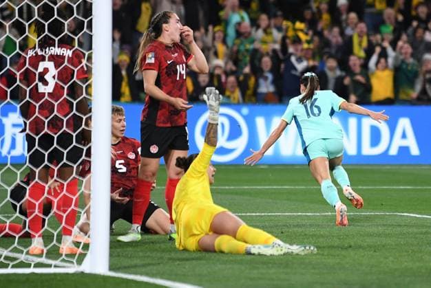 Mandatory Credit: Photo by Morgan Hancock Shutterstock (14028970bn) Hayley Raso of Australia scores the second goal Canada Women v Australia Women, FIFA Women s World Cup, Group B, International Football, Melbourne Rectangular Stadium, Perth, Australia - 31 July 2023 Canada Women v Australia Women, FIFA Women s World Cup, Group B, International Football, Melbourne Rectangular Stadium, Perth, Australia - 31 July 2023 Copyright: xMorganxHancock Shutterstockx 14028970bn