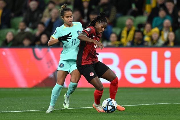 WWC23 CANADA AUSTRALIA, Mary Fowler of Australia and Kadeisha Buchanan of Canada during the FIFA Women s World Cup 2023 soccer match between Canada and Australia at Melbourne Rectangular Stadium in Melbourne, Monday, July 31, 2023. ( NO ARCHIVING, EDITORIAL USE ONLY, NO USE IN BOOKS WITHOUT CONSENT MELBOURNE VICTORIA AUSTRALIA  Copyright: xJAMESxROSSx 20230731001826367855