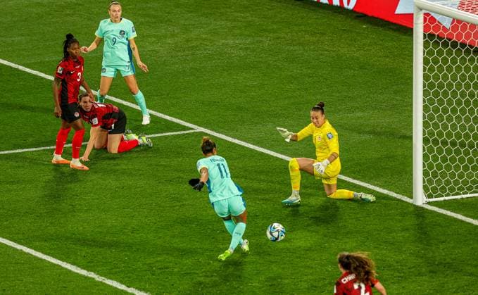 Canada v Australia Women 2023 FIFA Women™s World Cup 31 07 2023. Goal 0-3 Mary Fowler (11) of Australia scores a goal during the 2023 FIFA Women™s World Cup match between Canada Women and Australia Women at Melbourne Rectangular Stadium, Melbourne, Australia on 31 July 2023. Editorial use only , Copyright: xNigelxKeenex PSI-17738-0039