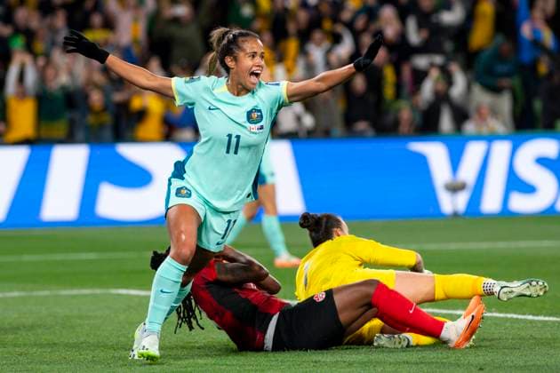 Melbourne, Australia, July 31st 2023: Mary Fowler (11 Australia) celebrates after scoring a goal that would be disallowed after VAR check during the 2023 FIFA Womens World Cup Group B football match between Canada and Australia at Melbourne Rectangular Stadium (AAMI Park) in Melbourne, Australia. (Richard Callis SPP) Copyright: xRichardxCallisx xSPPx spp-en-RiCaSp-rmc310723-8157