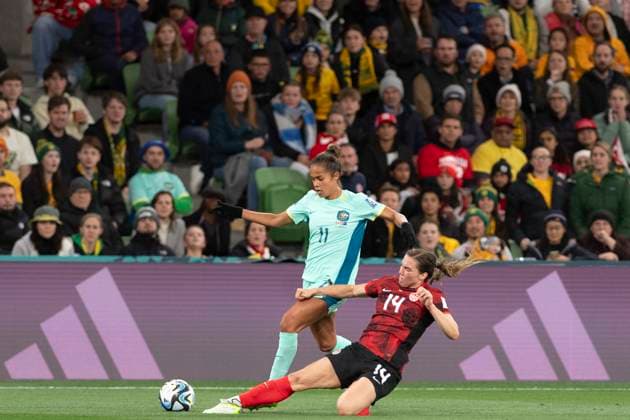 Melbourne, Australia, July 31st 2023: Mary Fowler (11 Australia) and Vanessa Gilles (14 Canada) during the 2023 FIFA Womens World Cup Group B football match between Canada and Australia at Melbourne Rectangular Stadium (AAMI Park) in Melbourne, Australia. (Richard Callis SPP) Copyright: xRichardxCallisx xSPPx spp-en-RiCaSp-rmc310723-8317