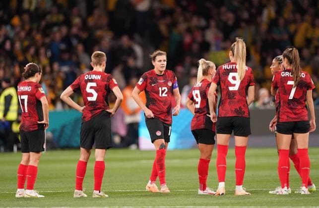 July 31, 2023, Australia: CanadaöÄÃ s Christine Sinclair, centre and her teammates react after conceding a first half goal during Group B soccer action against Australia at the FIFA Women s World Cup in Melbourne, Australia, Monday, July 31, 2023. Women s World Cup Soccer Canada v Australia  - ZUMAc35_ 20230731_zaf_c35_013 Copyright: xScottxBarbourx