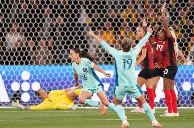 July 31, 2023, Melbourne, Australia: Hayley Raso (16) of Australia celebrates after scoring the first goal past Canada s keeper Kailen Sheridan during Group B soccer action at the FIFA Women s World Cup in Melbourne, Australia, Monday, July 31, 2023. Canada News - July 31, 2023  - ZUMAc35_ 20230731_zaf_c35_014 Copyright: xScottxBarbourx