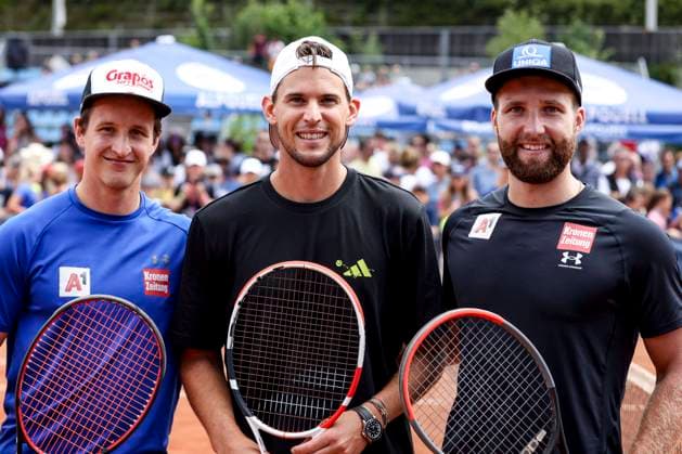 Sport Bilder des Tages TENNIS - ATP, Tennis Herren Generali Open 2023 KITZBUEHEL,AUSTRIA,31.JUL.23 - TENNIS - ATP World Tour, Generali Open. Image shows Adrian Pertl, Dominic Thiem and Marco Schwarz (AUT).  GEPAxpictures xPatrickxSteiner