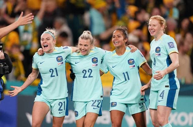 Mandatory Credit: Photo by Shutterstock (14029229r) Ellie Carpenter, Charlotte Grant, Mary Fowler and Clare Polkinghorne of Australia celebrates after winning Canada Women v Australia Women, FIFA Women s World Cup, Group B, International Football, Melbourne Rectangular Stadium, Perth, Australia - 31 July 2023 Canada Women v Australia Women, FIFA Women s World Cup, Group B, International Football, Melbourne Rectangular Stadium, Perth, Australia - 31 July 2023 Copyright: xShutterstockx 14029229r