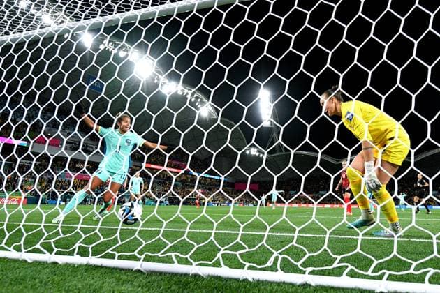 WWC23 CANADA AUSTRALIA, Mary Fowler of Australia (left) reacts after scoring a goal during the FIFA Women s World Cup 2023 soccer match between Canada and Australia at Melbourne Rectangular Stadium in Melbourne, Monday, July 31, 2023. ( NO ARCHIVING, EDITORIAL USE ONLY, NO USE IN BOOKS WITHOUT CONSENT MELBOURNE VICTORIA AUSTRALIA  Copyright: xJAMESxROSSx 20230731001826402583