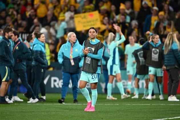 WWC23 CANADA AUSTRALIA, Sam Kerr of Australia celebrates following their win over Canada during the FIFA Women s World Cup 2023 soccer match between Canada and Australia at Melbourne Rectangular Stadium in Melbourne, Monday, July 31, 2023. ( NO ARCHIVING, EDITORIAL USE ONLY, NO USE IN BOOKS WITHOUT CONSENT MELBOURNE VICTORIA AUSTRALIA  Copyright: xJOELxCARRETTx 20230731001826402700