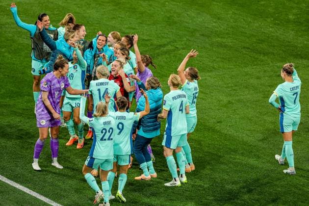 Canada v Australia Women 2023 FIFA Women™s World Cup 31 07 2023. Australia players celebrate at full time during the 2023 FIFA Women™s World Cup match between Canada Women and Australia Women at Melbourne Rectangular Stadium, Melbourne, Australia on 31 July 2023. Editorial use only , Copyright: xNigelxKeenex PSI-17738-0063