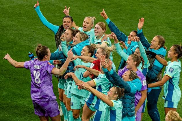 Canada v Australia Women 2023 FIFA Women™s World Cup 31 07 2023. Australia players celebrate at full time during the 2023 FIFA Women™s World Cup match between Canada Women and Australia Women at Melbourne Rectangular Stadium, Melbourne, Australia on 31 July 2023. Editorial use only , Copyright: xNigelxKeenex PSI-17738-0065