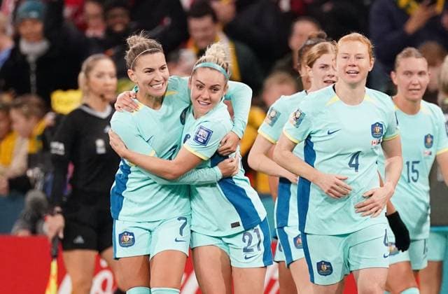 Mandatory Credit: Photo by Shutterstock (14029229ab) Steph Catley of Australia celebrates with Ellie Carpenter of Australia after scoring the fourth goal Canada Women v Australia Women, FIFA Women s World Cup, Group B, International Football, Melbourne Rectangular Stadium, Perth, Australia - 31 July 2023 Canada Women v Australia Women, FIFA Women s World Cup, Group B, International Football, Melbourne Rectangular Stadium, Perth, Australia - 31 July 2023 Copyright: xShutterstockx 14029229ab