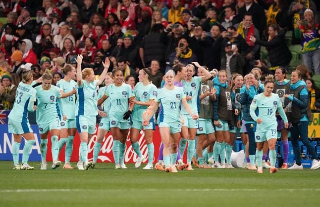 Mandatory Credit: Photo by Shutterstock (14029229aa) Steph Catley of Australia celebrates with teammates after scoring the fourth goal Canada Women v Australia Women, FIFA Women s World Cup, Group B, International Football, Melbourne Rectangular Stadium, Perth, Australia - 31 July 2023 Canada Women v Australia Women, FIFA Women s World Cup, Group B, International Football, Melbourne Rectangular Stadium, Perth, Australia - 31 July 2023 Copyright: xShutterstockx 14029229aa