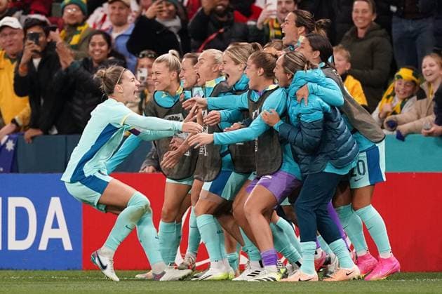 Mandatory Credit: Photo by Shutterstock (14029229ad) Steph Catley of Australia celebrates with teammates after scoring the fourth goal Canada Women v Australia Women, FIFA Women s World Cup, Group B, International Football, Melbourne Rectangular Stadium, Perth, Australia - 31 July 2023 Canada Women v Australia Women, FIFA Women s World Cup, Group B, International Football, Melbourne Rectangular Stadium, Perth, Australia - 31 July 2023 Copyright: xShutterstockx 14029229ad