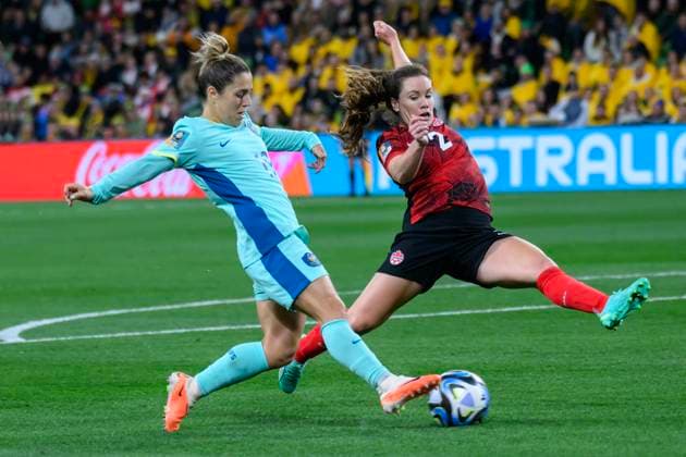 Katrina Gorry of Australia and Allysha Chapman of Canada during the FIFA Women s World Cup 2023 match between Canada Women and Australia Women at Melbourne Rectangular Stadium, Melbourne, Australia on 31 July 2023. Copyright: xRichardxNicholsonx 37840017