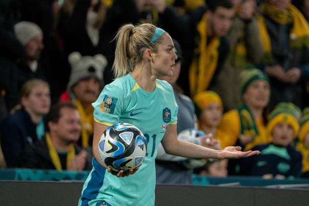 Melbourne, Australia, July 31st 2023: Ellie Carpenter (21 Australia) takes a throw in during the 2023 FIFA Womens World Cup Group B football match between Canada and Australia at Melbourne Rectangular Stadium (AAMI Park) in Melbourne, Australia. (Noe Llamas SPP) Copyright: xNoexLlamasx xSPPx spp-en-NoLlSp-20230731-NLB02199