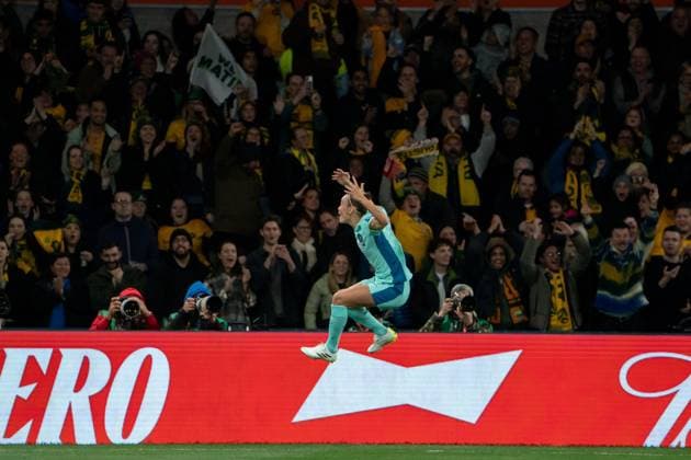 Melbourne, Australia, July 31st 2023: Caitlin Foord (9 Australia) celebrates her team?s third goal during the 2023 FIFA Womens World Cup Group B football match between Canada and Australia at Melbourne Rectangular Stadium (AAMI Park) in Melbourne, Australia. (Noe Llamas SPP) Copyright: xNoexLlamasx xSPPx spp-en-NoLlSp-20230731-NLB02320