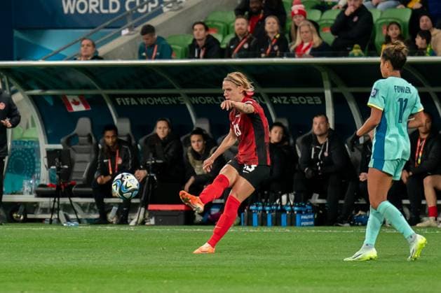 Melbourne, Australia, July 31st 2023: Sophie Schmidt (13 Canada) takes a shot during the 2023 FIFA Womens World Cup Group B football match between Canada and Australia at Melbourne Rectangular Stadium (AAMI Park) in Melbourne, Australia. (Noe Llamas SPP) Copyright: xNoexLlamasx xSPPx spp-en-NoLlSp-20230731-NLA06592