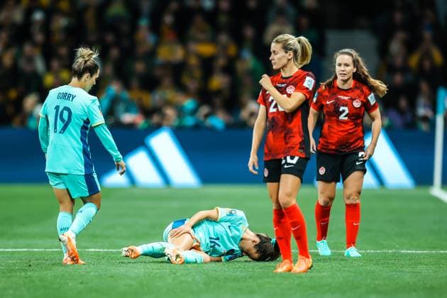 July 31, 2023, Brisbane, Queensland, Australia: MELBOURNE, AUSTRALIA - JULY 31: Hayley RASO of Australia goes down injured as Australia plays Canada at the FIFA Women s World Cup Australia & New Zealand 2023 at Melbourne Rectangular Stadium on July 31, 2023 Brisbane Australia - ZUMAp121 20230731_zsp_p121_021 Copyright: xChrisxPutnamx