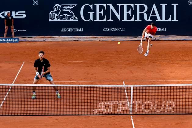 TENNIS - ATP, Tennis Herren Generali Open 2023 KITZBUEHEL,AUSTRIA,31.JUL.23 - TENNIS - ATP World Tour, Generali Open. Image shows Dominic Thiem and Sebastian Ofner (AUT).  GEPAxpictures xPatrickxSteiner