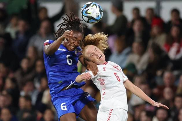 Sport Themen der Woche KW31 Sport Bilder des Tages WWC23 HAITI DENMARK, Melchie Dumonay of Haiti (left) and Karen Holmgaard of Denmark compete for the ball during the FIFA Women s World Cup 2023 soccer match between Haiti and Denmark at Perth Rectangular Stadium in Perth, Tuesday, August 1, 2023. ( NO ARCHIVING, EDITORIAL USE ONLY, NO USE IN BOOKS WITHOUT CONSENT PERTH WESTERN AUSTRALIA AUSTRALIA  Copyright: xRICHARDxWAINWRIGHTx 20230801001826652425