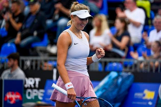 Gabriela Knutsonova (Czech Republic) reacts during match against Tereza Martincova (Czech Republic) within the WTA, Tennis Damen Prague Open 2023 tennis tournament, 1st round, on August 1, 2023, in Prague, Czech Republic. (CTKxPhoto OndrejxDeml) CTKPhotoP2023080106333  CTKPhotoP2023080106333