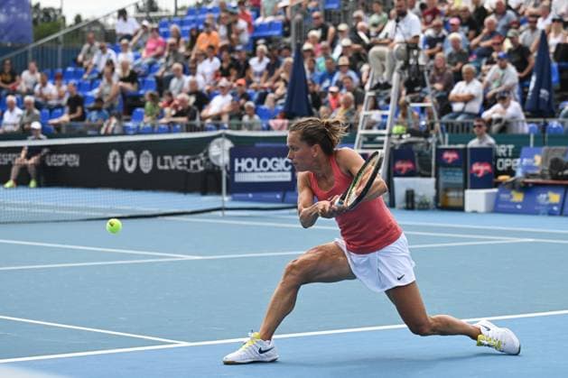 Barbora Strycova (Czech Republic) in action against Ankita Raina (India) during the WTA, Tennis Damen Prague Open 2023 tennis tournament, 1st round, on August 2, 2023, in Prague, Czech Republic. (CTKxPhoto MichalxKamaryt) CTKPhotoP2023080204685  CTKPhotoP2023080204685