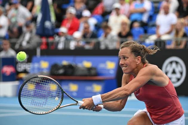 Barbora Strycova of Czech Republic returns a a ball to Ankita Raina of India during the WTA, Tennis Damen Prague Open 2023 tennis tournament, 1st round, on August 2, 2023, in Prague, Czech Republic. (CTKxPhoto MichalxKamaryt) CTKPhotoP2023080205720  CTKPhotoP2023080205720