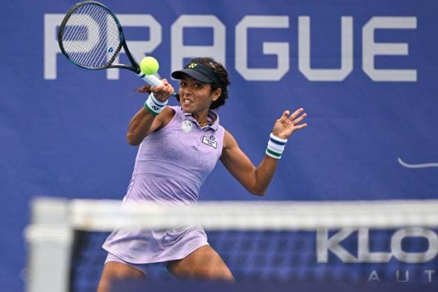 Ankita Raina of India returns a ball to Barbora Strycova of Czech Republic during the WTA, Tennis Damen Prague Open 2023 tennis tournament, 1st round, on August 2, 2023, in Prague, Czech Republic. (CTKxPhoto MichalxKamaryt) CTKPhotoP2023080205746  CTKPhotoP2023080205746