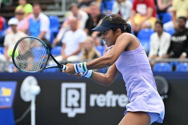 Ankita Raina of India returns a ball to Barbora Strycova of Czech Republic during the WTA, Tennis Damen Prague Open 2023 tennis tournament, 1st round, on August 2, 2023, in Prague, Czech Republic. (CTKxPhoto MichalxKamaryt) CTKPhotoP2023080205867  CTKPhotoP2023080205867