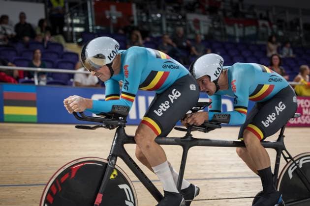 Belgian Jonas Goeman and Belgian Milan Thomas pictured in action during the Men B Individual Pursuit qualification event in Glasgow, Scotland, part of UCI World Championships Cycling, Wednesday 02 August 2023. UCI organise the worlds with all cycling disciplines, Road cycling, Rad, Radsport, Strasse indoor cycling, mountainbike, BMX racing, road paracycling and indoor paracycling, in Glasgow from 05 to 13 August. DAVIDxPINTENS x71525654x