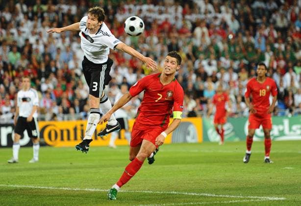 Euro 2008, quarter final match, Portugal vs Germany Portugal s Cristiano Ronaldo and Germany s Arne Friedrich battle for the ball during the Euro 2008, UEFA European Championship, EM, Europameisterschaft quarter final match, Portugal vs Germany at the St. Jakob-Park stadium in Basel, Switzerland on June 19, 2008. Germany won 3-2. Photo by Steeve McMay Cameleon ABACAPRESS.COM Bale - Switzerland  Copyright: xMcMayxSteve ABACAx 155900_33 McMayxSteve ABACAx 155900_33
