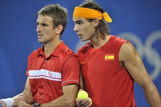 Beijing 2008 Olympic Games, Olympische Spiele, Olympia, OS - Nadal and Robredo defeat Bjorkman and Soderling Spain s Rafael Nadal and Tommy Robredo defeats, 6-3, 6-3, Sweden s Jonas Bjorkman and Robin Soderling in their first round double match at the XXIX Olympic games at the Olympic Green Tennis Center in Beijing, China on August 11, 2008. Photo by Gouhier-Hahn-Nebinger Cameleon ABACAPRESS.COM Beijing China  Copyright: xGouhier-Hahn-Nebinger ABACAx 160492_041 Gouhier-Hahn-Nebinger ABACAx 160492_041