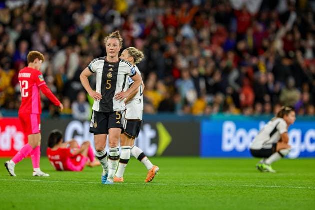 Korean Republic Women v Germany Women 2023 FIFA Women™s World Cup 03 08 2023. Marina Hegering (5) of Germany and the Germany players look dejected at full time during the 2023 FIFA Women™s World Cup match between Korean Republic Women and Germany Women at Brisbane Stadium, Brisbane, Australia on 3 August 2023. Editorial use only , Copyright: xNigelxKeenex PSI-17656-0066