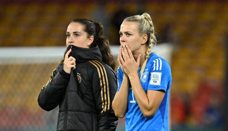 WWC23 KOREA GERMANY, Sara Daebritz (left) and Merle Frohms (right) of Germany react following their 1 all draw eliminating Germany from the Women?s World Cup during the FIFA Women s World Cup 2023 soccer match between Korea and Germany at Brisbane Stadium in Brisbane, Thursday, August 3, 2023. ( NO ARCHIVING, EDITORIAL USE ONLY, NO USE IN BOOKS WITHOUT CONSENT BRISBANE QUEENSLAND AUSTRALIA  Copyright: xDARRENxENGLANDx 20230804001827256276