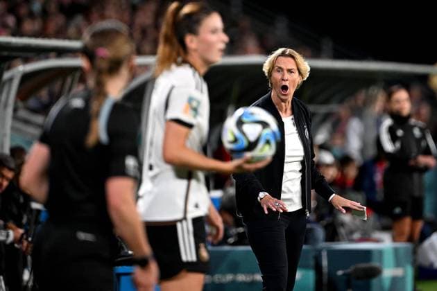 (230803) -- BRISBANE, Aug. 3, 2023 -- Martina Voss-Tecklenburg, head coach of Germany, reacts during the Group H match between South Korea and Germany at the 2023 FIFA Women s World Cup in Brisbane, Australia, Aug. 3, 2023. ) (SP)AUSTRALIA-BRISBANE-2023 FIFA WOMEN S WORLD CUP-GROUP H-KOR VS GER XiongxQi 