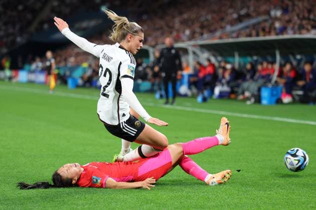 FIFA Womens World Cup 2023 - South Korea v Germany Jule Brand (22 Germany) is tackled during the FIFA Womens World Cup 2023 Group H football match between South Korea and Germany at Brisbane Stadium in Brisbane, Australia. James Whitehead SPP Copyright: xJamesxWhiteheadx xSPPx james_whitehead_sports_press_photo_179925