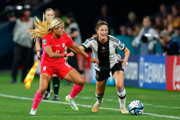 FIFA Womens World Cup 2023 - South Korea v Germany Chantal Hagel (2 Germany) and Sohyun Cho (8 Korea Republic) battle for possession during the FIFA Womens World Cup 2023 Group H football match between South Korea and Germany at Brisbane Stadium in Brisbane, Australia. James Whitehead SPP Copyright: xJamesxWhiteheadx xSPPx james_whitehead_sports_press_photo_179928