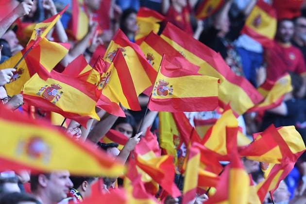 Soccer UEFA Nations League semifinal Spain Italy on 15 06 2023 in De Grolsch Veste in Enschede Spanish flags in the fan block xRx