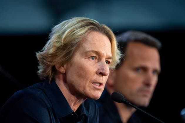 Martina Voss Tecklenburg Germany, national team coach , behind Panagiotis Joti Chatzialexiou Germany, national team sporting director , AUS, press conference DFB womens national team Germany, FIFA Womens World Cup Australia 2023, 05 08 2023 AUS, press conference DFB womens national team Germany, FIFA Womens World Cup Australia 2023, 05 08 2023 Wyong... Copyright: xEibner-Pressefoto Memmlerx EP_MMR