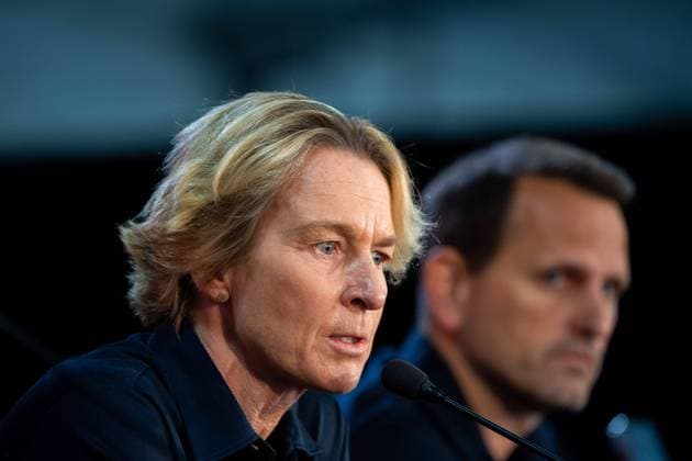 Martina Voss Tecklenburg Germany, national team coach , behind Panagiotis Joti Chatzialexiou Germany, national team sporting director , AUS, press conference DFB womens national team Germany, FIFA Womens World Cup Australia 2023, 05 08 2023 AUS, press conference DFB womens national team Germany, FIFA Womens World Cup Australia 2023, 05 08 2023 Wyong... Copyright: xEibner-Pressefoto Memmlerx EP_MMR