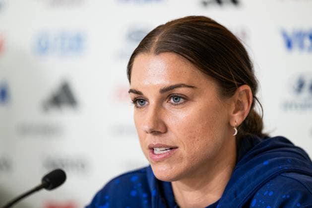 230805 Alex Morgan at a press conference with the women s national football team of USA during the FIFA Women s World Cup on August 5, 2023 in Melbourne Photo Mathias Bergeld BILDBYRAN code MB MB0671 football soccer football soccer soccer world cup world cup world cup fifa womens world cup press conference press conference usa 17 dam bbeng  Copyright: MATHIASxBERGELD BB230805MB101